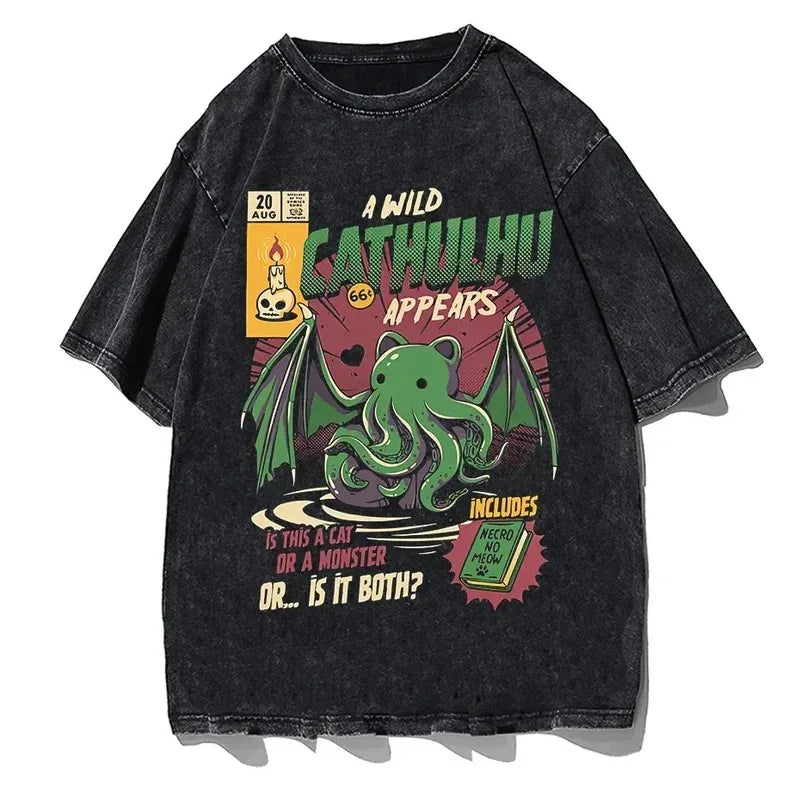Cathulhu Retro Print T-Shirt – American Streetwear Fashion Washed Cotton Short Sleeve Top for Men