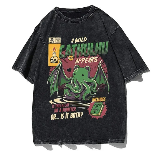 Cathulhu Retro Print T-Shirt – American Streetwear Fashion Washed Cotton Short Sleeve Top for Men