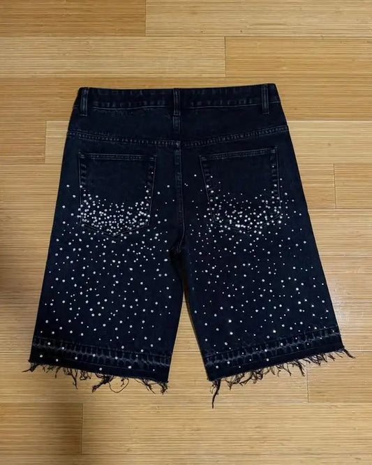 Vintage Cross Rhinestone Denim Shorts – Y2K Retro Black Baggy Low Waist Jeans for Men and Women Harajuku Hip Hop Style