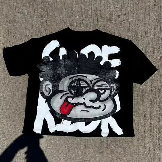 Vintage Big Face Graphic Print Cotton T-Shirt – Y2K Oversized Streetwear Summer Top for Men and Women